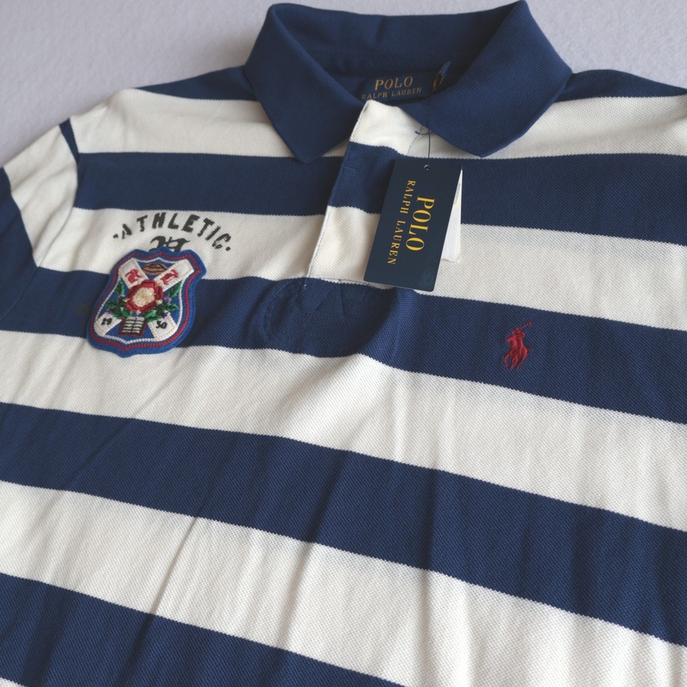 Polo Ralph Lauren Custom Slim Fit Crest Rugby Polo Blue & White Striped Sz L